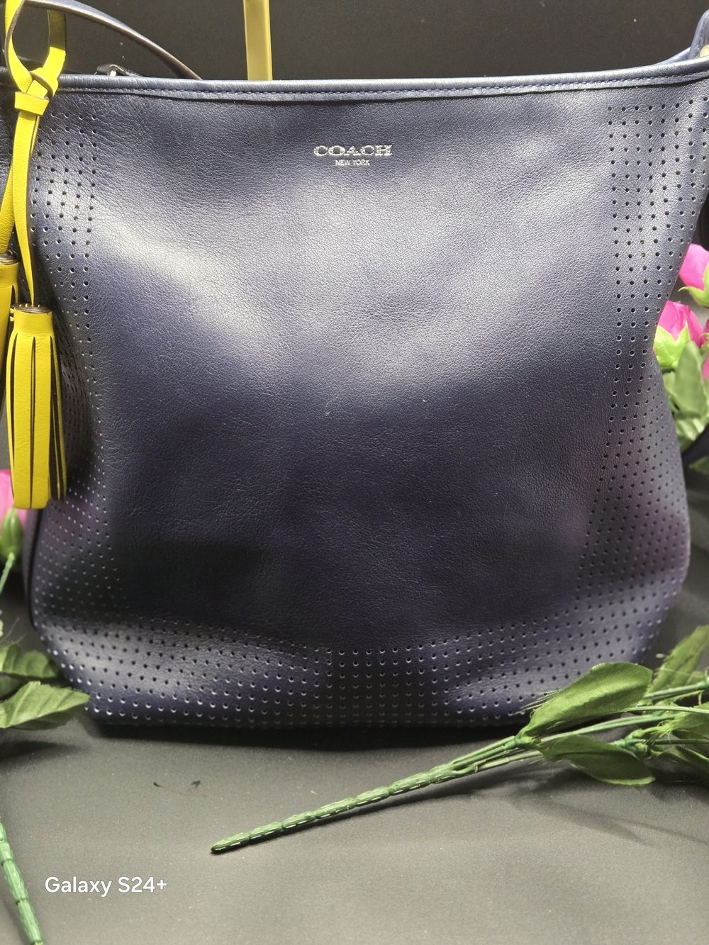 Coach Navy Perforated Leather Hobo Bag